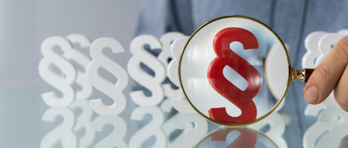 Eine männliche Hand hält eine Lupe mit Fokus auf ein rotes Paragrafenzeichen, das zwischen mehreren weißen Paragrafenzeichen steht.