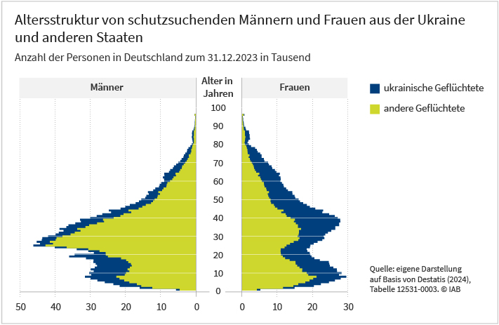 Die Grafik zeigt eine Alters- und Geschlechtspyramide der Schutzsuchenden in Deutschland am 31.12.2023. Auf der vertikalen Achse sind Altersgruppen von 0 bis über 95 Jahre in Zehnjahresschritten zu sehen. Die horizontale Achse zeigt die Anzahl der Schutzsuchenden, unterteilt nach Geschlecht und Staatsangehörigkeit (ukrainische und andere), wobei Männer auf der linken und Frauen auf der rechten Seite abgebildet sind. Weitere Informationen finden Sie im begleitenden Text. Die Daten stammen aus dem Statistischen Bundesamt und eigenen Berechnungen des IAB.