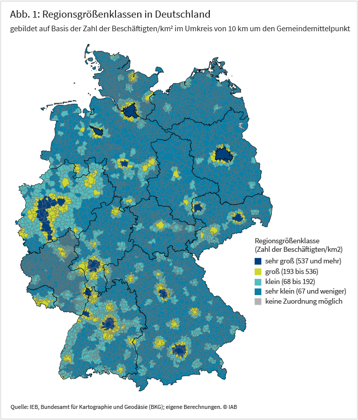 Abbildung 1 zeigt eine Karte mit den Gemeinden Deutschlands im Jahr 2019. Für jede Gemeinde wird angezeigt, ob es sich um eine sehr große, eine große, eine kleine oder eine sehr kleine Region handelt.