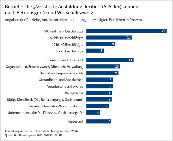 Das Balkendiagramm zeigt den Anteil der Betriebe, die die Assistierte Ausbildung flexibel kennen. Basis sind alle ausbildungsberechtigten Betriebe. Die Ergebnisse sind differenziert für neun Branchen und vier Größenklassen ausgewiesen. Datengrundlage ist das IAB-Betriebspanel 2023.