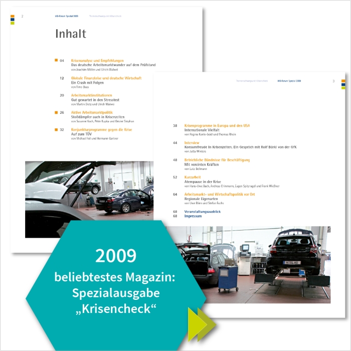 Inhaltsverzeichnis der beliebtesten Print-Ausgabe mit dem Namen "Krisencheck" des IAB-Forums im Jahr 2009.